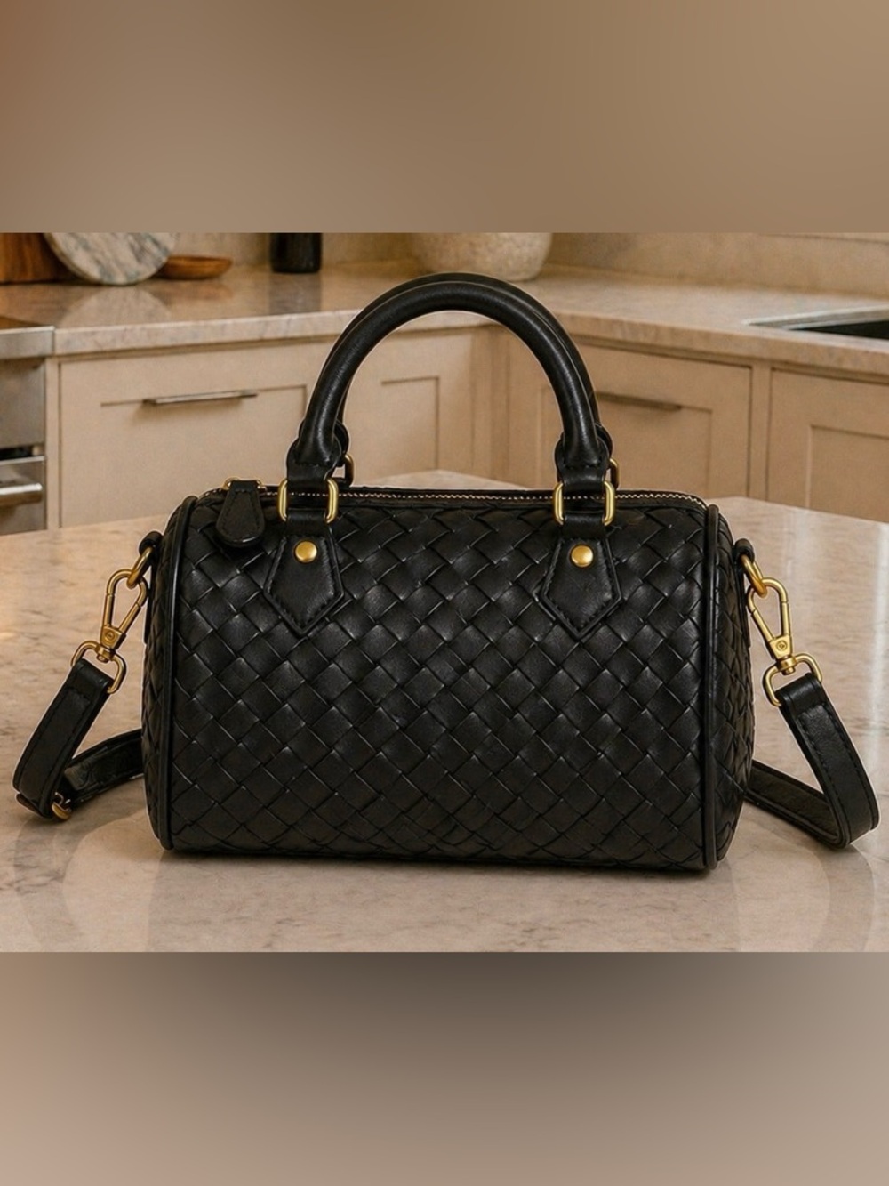 Black Woven Satchel Handbag